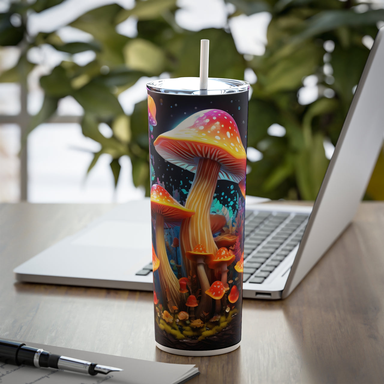 Enchanted Mushrooms Skinny Steel Tumbler with Straw, 20oz