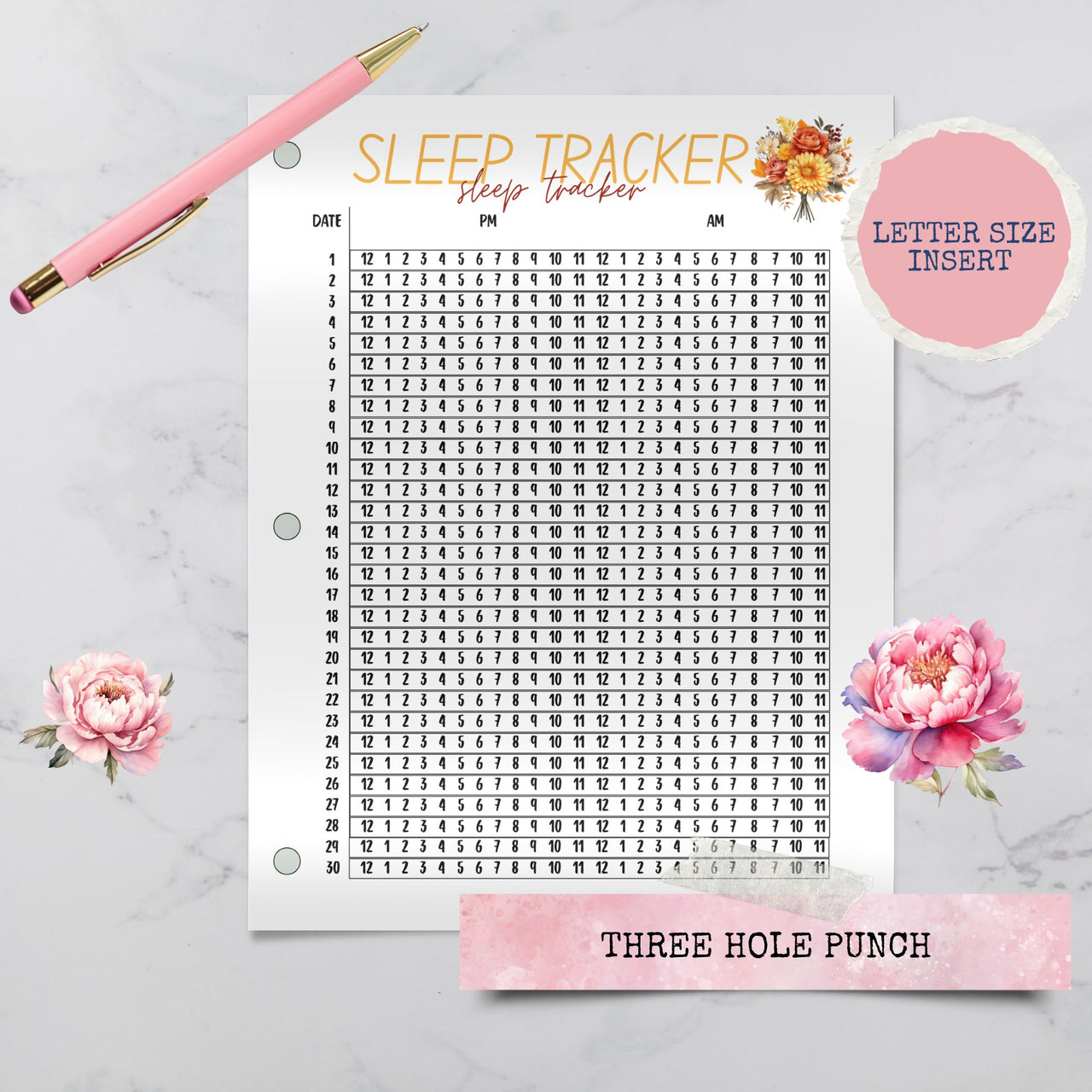 Sleep Tracker Planner Page - Self Care Printed Inserts - Letter or A5 size
